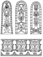 Изображения на орнаментални фризове от църквата в Патлейна до Преслав. 